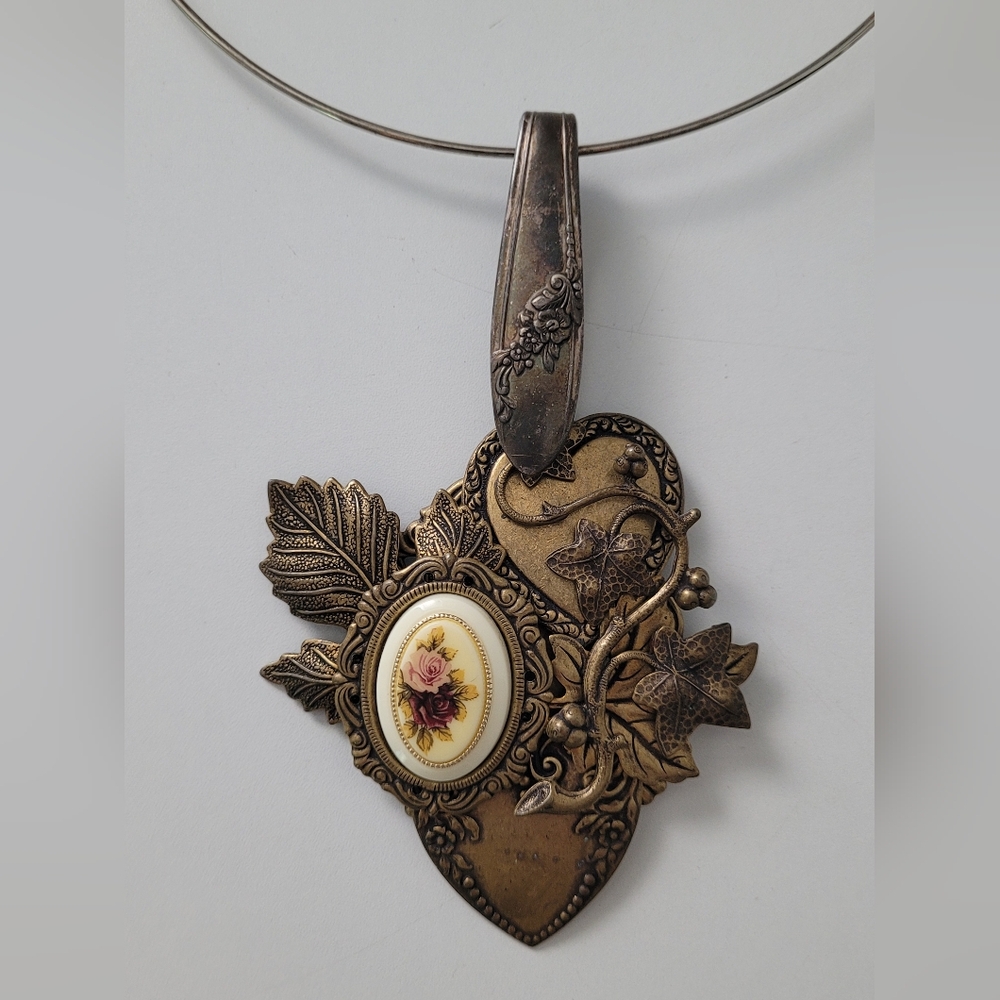 Vintage Artisan OOAK Handmade Heart Flower Spoon Assemblage Pendant Necklace